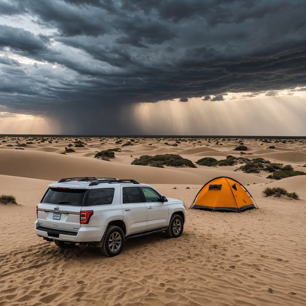 Quels sont les conseils pour un camping en région de dunes de sable pendant les tempêtes?
